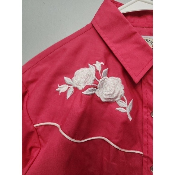 Vintage ELY Country Charmers Women’s Large Western Shirt Pearl Snap Pink Roses - Picture 3 of 10